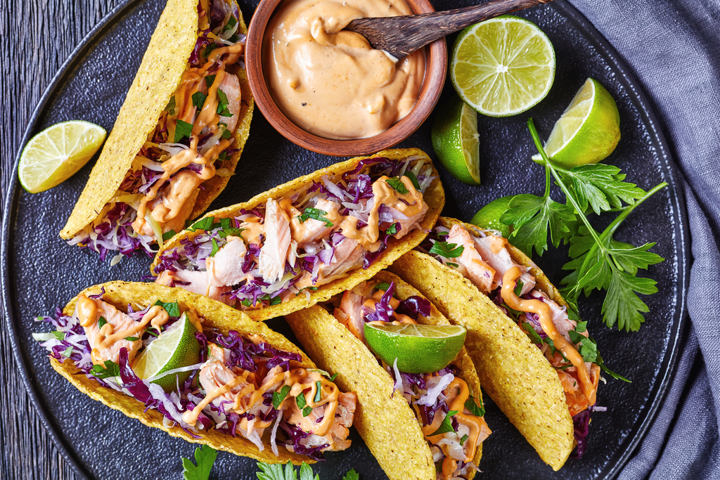 Salmon tacos with red cabbage salad